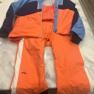 KJUS 164 / youth 14us Orange and Blue Ski Suit. Pants, mid layer top and jacket.